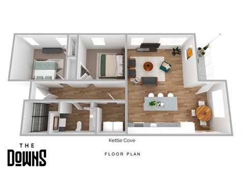 Floor plan for 2 beds, 1 bath, 979 sqft